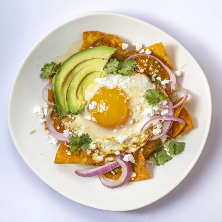 A plate of homemade chilaquiles featuring a sunny-side-up egg, crumbled queso fresco, and creamy avocado slices.  