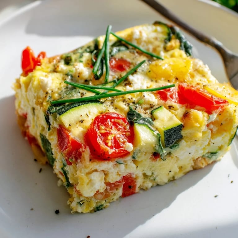 Freshly baked High-Protein Sheet Pan Eggs With Cottage Cheese and Veggies served warm, garnished with chopped chives on a rustic board.  