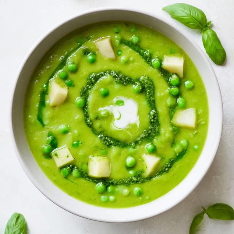 Steaming hot bowl of courgette, pea and pesto soup swirled with pesto, ready to serve with crusty bread.