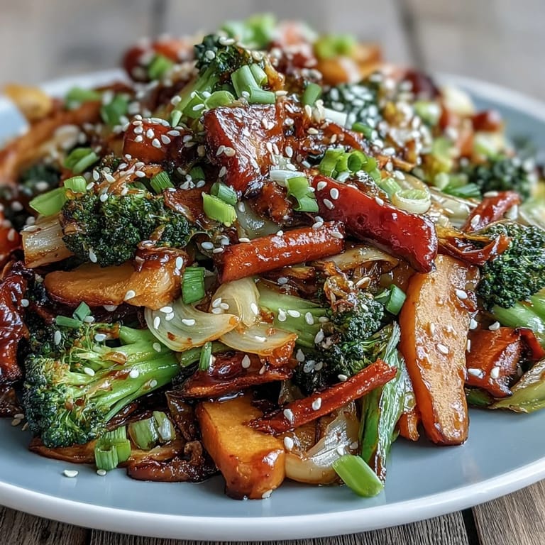 A close-up of the nutritious Comforting Fermented Veggie Winter Stir-Fry, highlighting the tender veggies and bright red bell pepper in a savory sauce.
