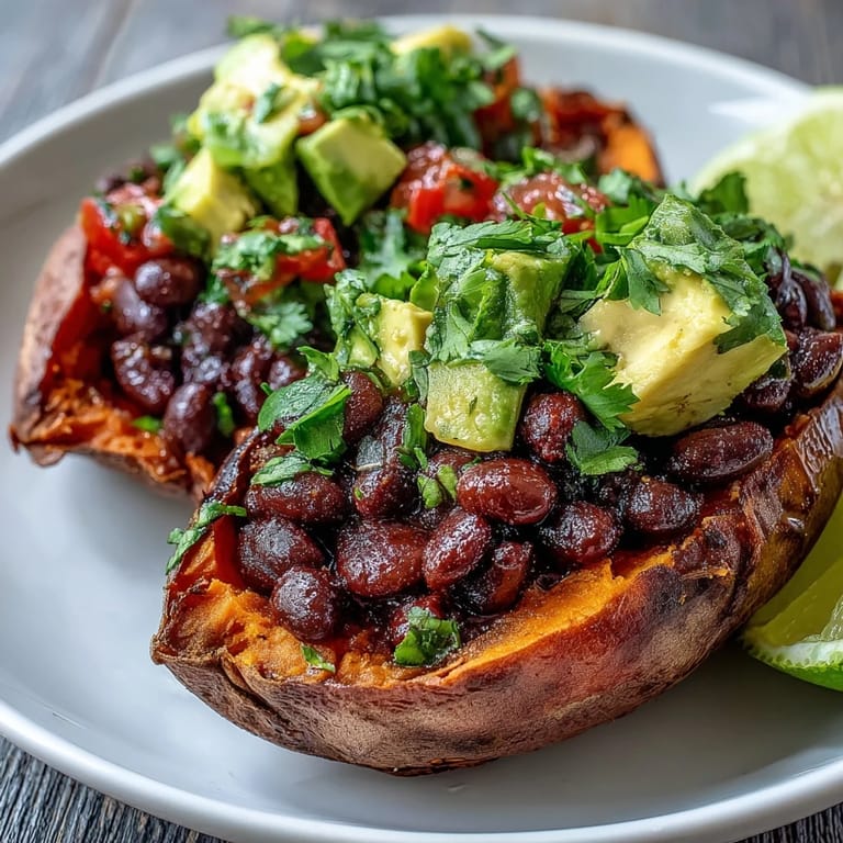 Hearty roasted sweet potatoes loaded with chipotle beans and bright tomato salsa.