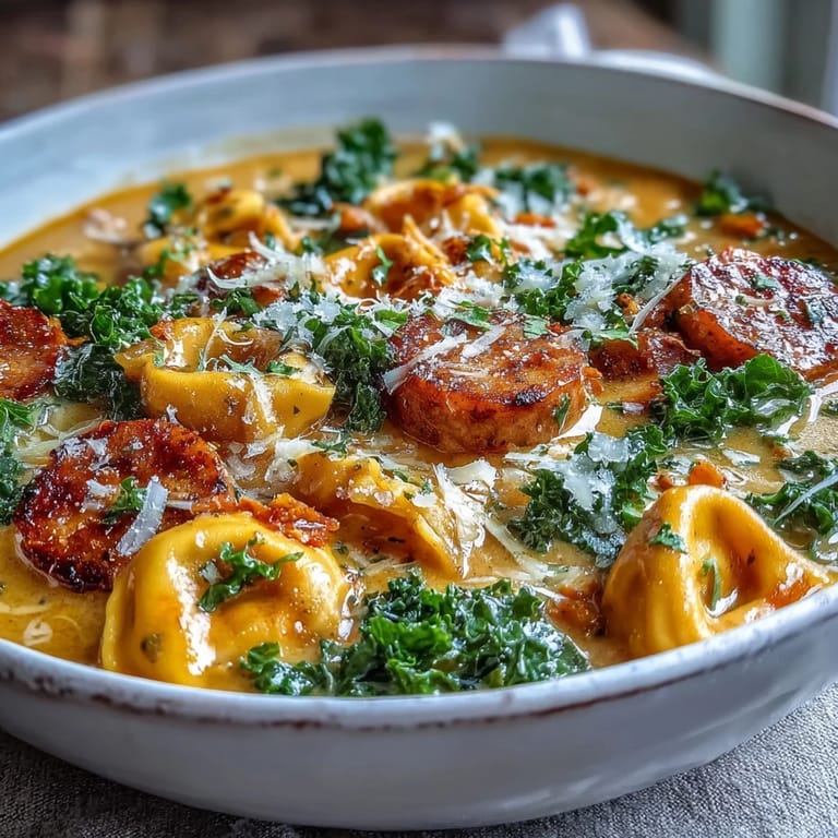 Pumpkin Tortellini Soup with chicken sausage and kale ladled from a pot, garnished with Parmesan.