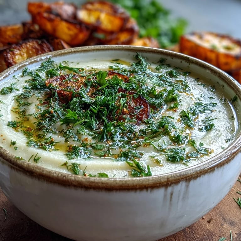 Hearty bowl of Parsnip and Herb Soup topped with fresh chives and parsley, served alongside a slice of crusty artisan bread for dipping.