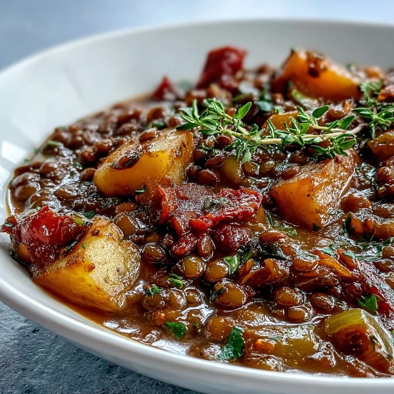 Top-down view of freshly cooked Vegetarian Lentil Stew in a Dutch oven, featuring colorful carrots, spinach, and potatoes.