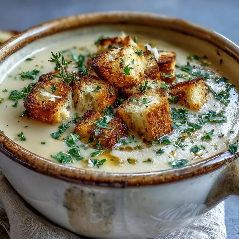 The golden purée of Roasted Garlic Soup is poured into a rustic bowl for serving.
