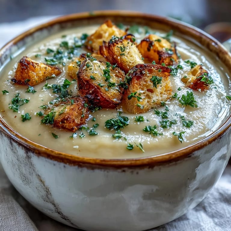 Roasted Garlic Soup simmering in a pot with a wooden spoon beside crusty bread.