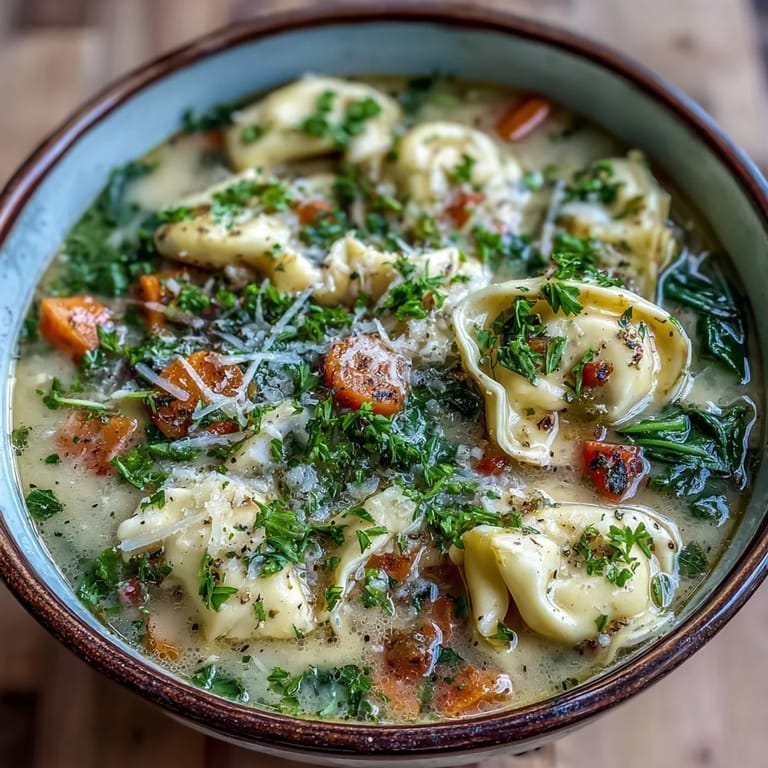 Fresh spinach and tender cheese tortellini swim in a rich, creamy broth, garnished with herbs in this hearty Easy Tortellini Soup.