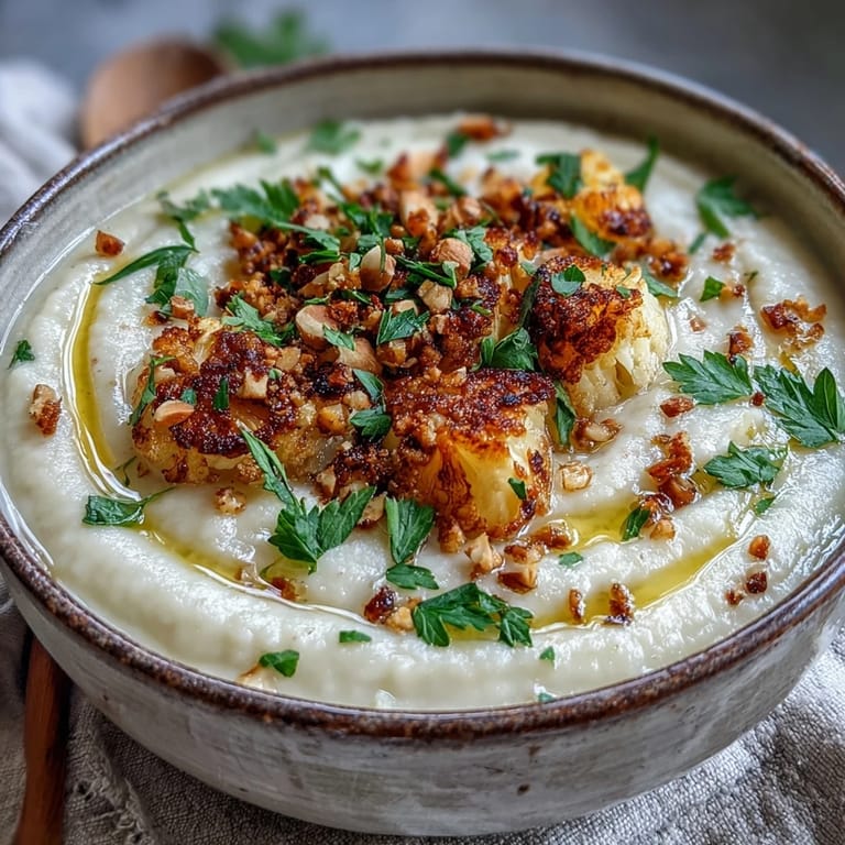 Silky smooth celeriac soup topped with golden toasted hazelnut crumble and fresh parsley.