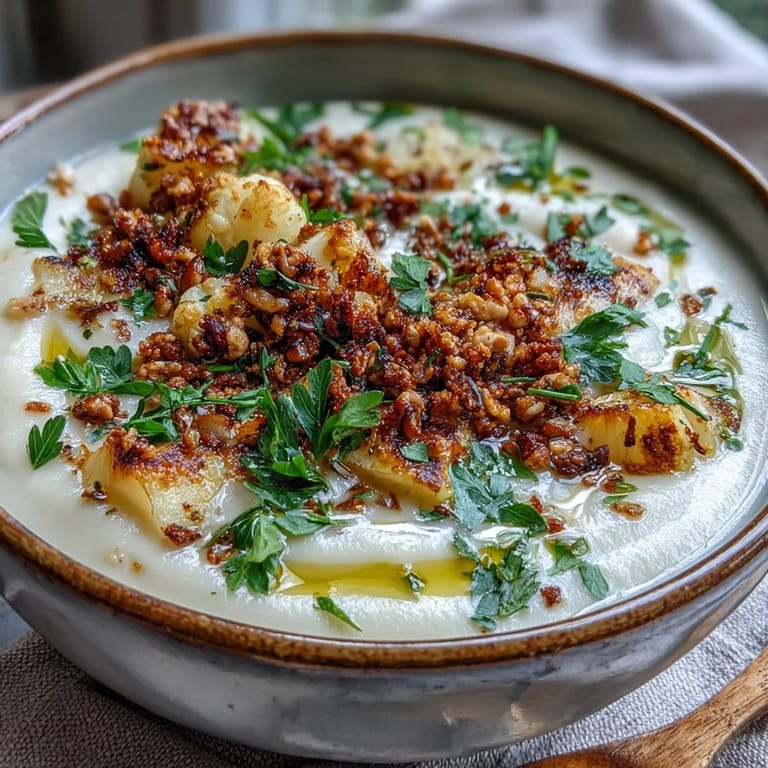 Hearty celeriac soup with hazelnut crumble, garnished with olive oil and nutmeg.