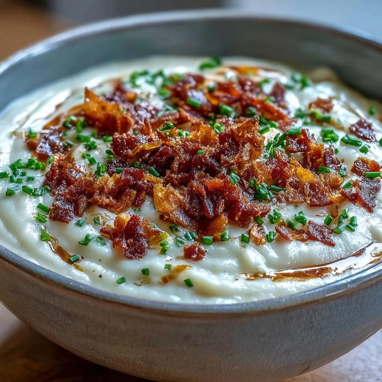 Hearty bowl of Creamy Celeriac Soup with Crispy Bacon served alongside crusty artisan bread on a linen napkin