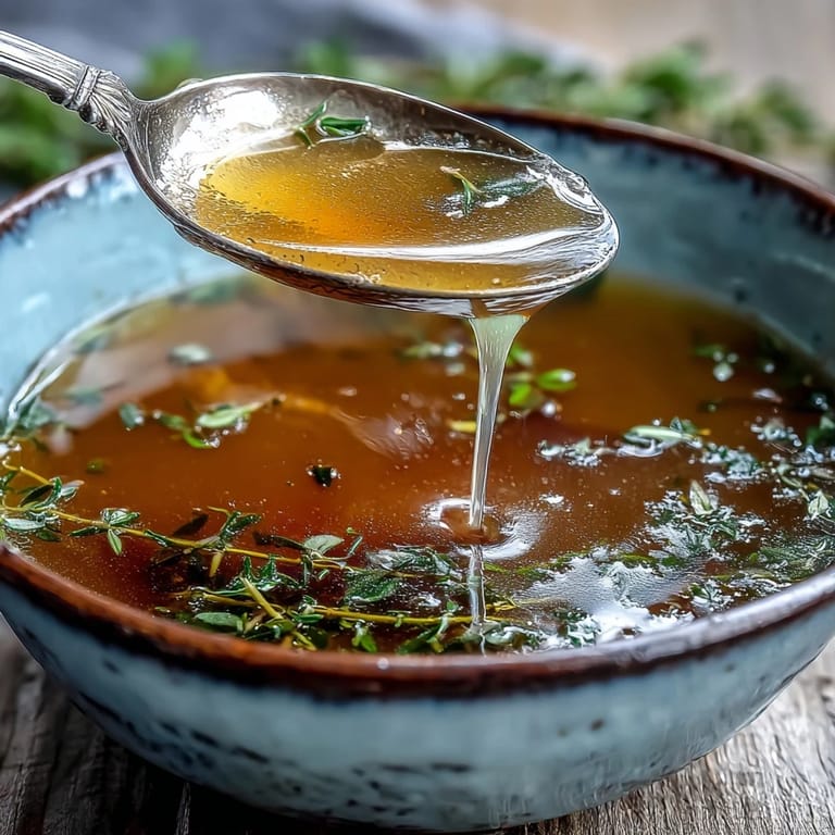 A fine-mesh sieve strains golden Vegetable Broth From Scraps into a glass measuring cup.