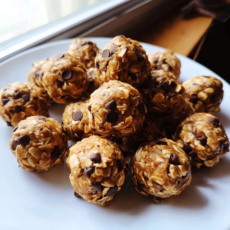 A close-up view of Banana Chocolate Chip Energy Balls next to a small bowl of oats and a ripe banana, emphasizing their simple, no-bake preparation.