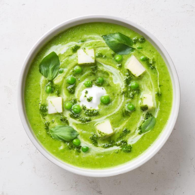 Blended courgette, pea and pesto soup in a white bowl, topped with creamy yogurt and fresh basil garnish.