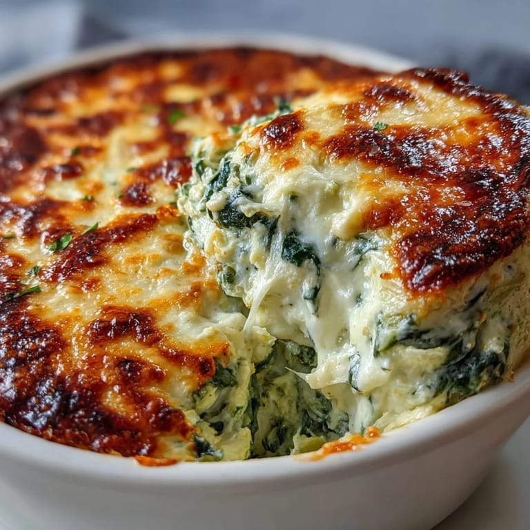 Creamy homemade Spinach Artichoke Dip with tender green spinach and chopped artichokes, ready to serve with toasted baguette slices and crackers.