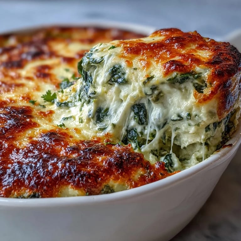 Freshly baked Spinach Artichoke Dip in a ceramic dish, garnished with parsley, paired with white wine for an easy party appetizer.