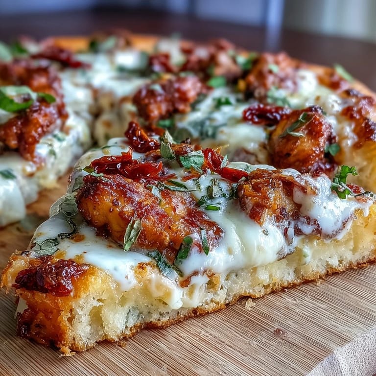 Close-up of a hot Marry Me Chicken Pizza with savory chicken, red sun-dried tomatoes, and herbs on a pan.