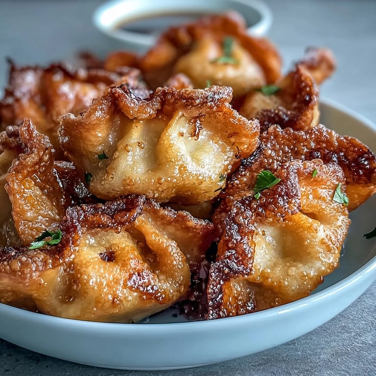 A hand holds a Smash Dumpling dipped in soy-chili sauce next to a bowl of sesame seeds.