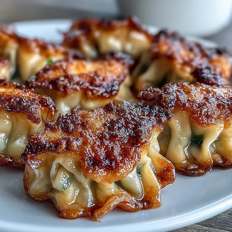Close-up of crispy-edged Smash Dumplings with golden bottoms, served hot on a plate for sharing.