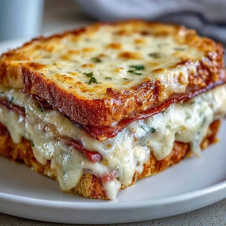 Sliced Croque Monsieur Casserole revealing layers of savory ham, tender bread, and rich cheese sauce.