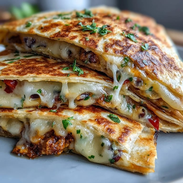 Overhead view of a Blooming Quesadilla Ring on a rustic platter, loaded with black beans and bell peppers.