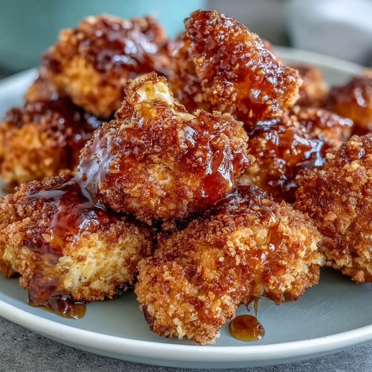 Crispy cauliflower bites tossed in sweet heat sauce, ready to serve as a vegetarian appetizer.