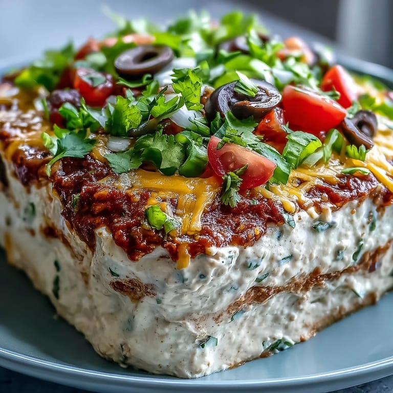 Fresh 4-Way Layered Dip topped with olives, cheddar, peppers, and onions with chips for dipping.