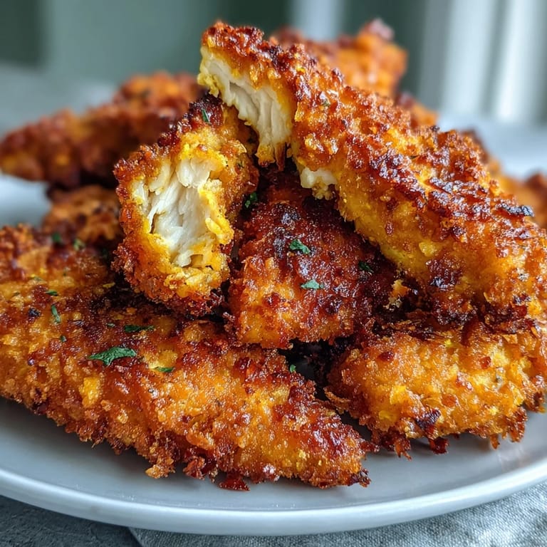 Golden Crispy Turmeric Chicken Tenders on a wooden board, garnished with fresh herbs for a family meal.