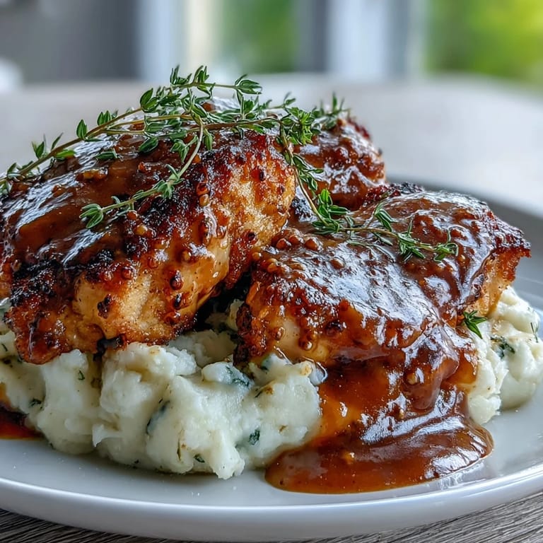 Tender Slow Cooker Honey Mustard Chicken on a plate with roasted broccoli, showcasing a rich honey mustard glaze.