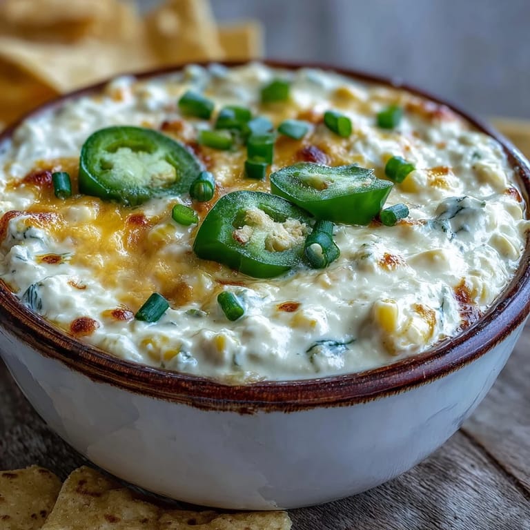 Cold Crack Corn Dip plated for a party spread, creamy texture dotted with jalapeños and green onions, tortilla chips ready for dipping.