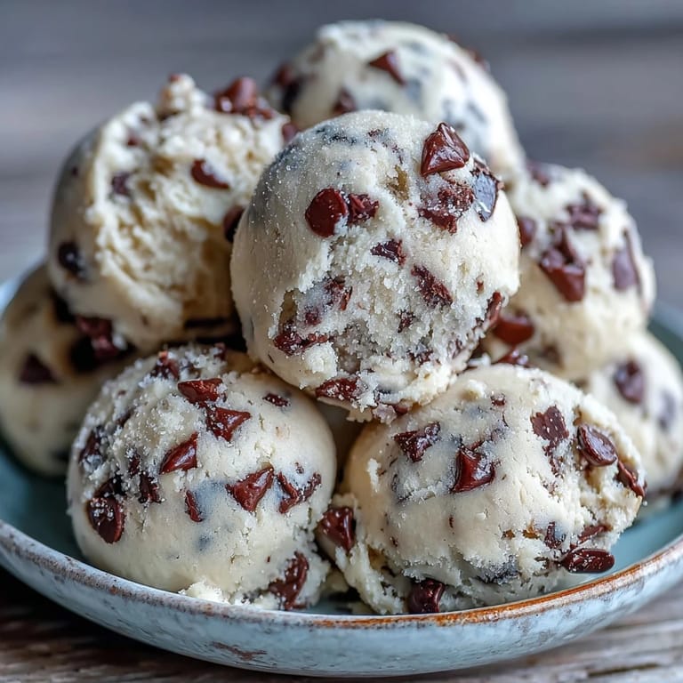 Freshly mixed Greek Yogurt Cookie Dough in a glass bowl, studded with semisweet chocolate chips.