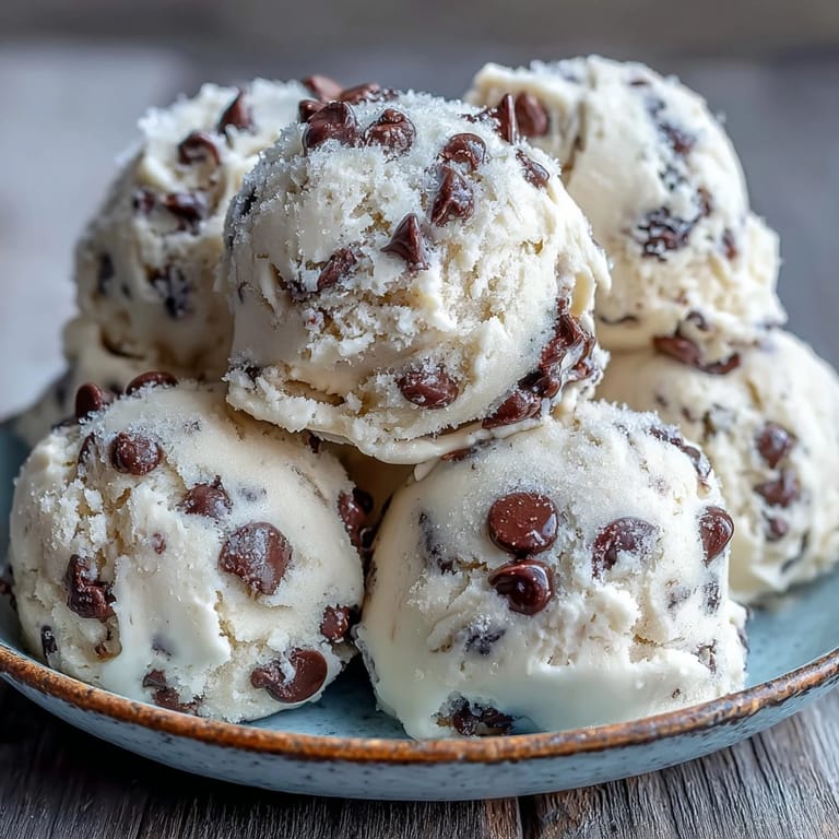 A glass bowl of creamy Greek Yogurt Cookie Dough with vanilla and sugar beside a scooper.