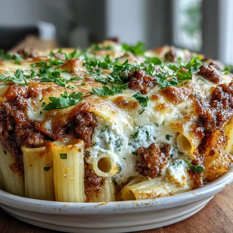 Cottage Cheese Protein Pasta Bake with Ground Beef served in a baking dish, steam rising from the cheesy, golden top.
