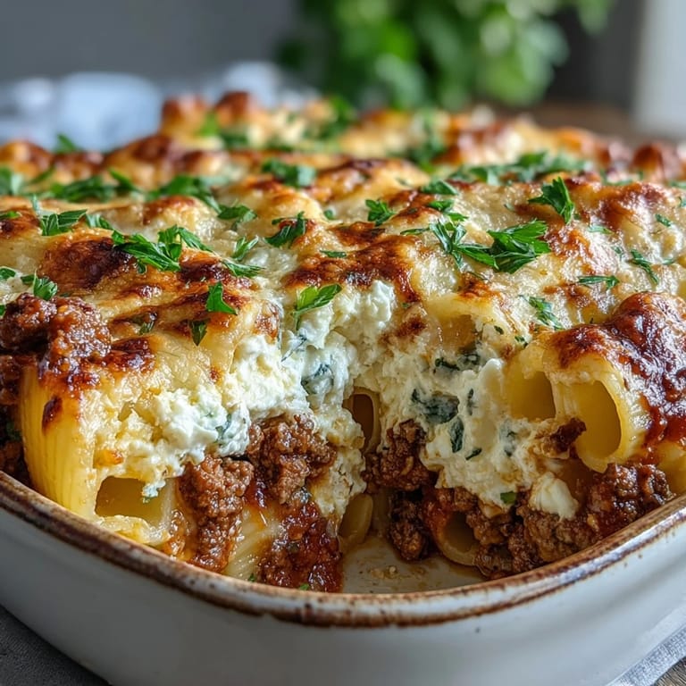 Spoon scooping into a hearty Cottage Cheese Protein Pasta Bake with Ground Beef, revealing creamy cottage cheese and rich tomato sauce.