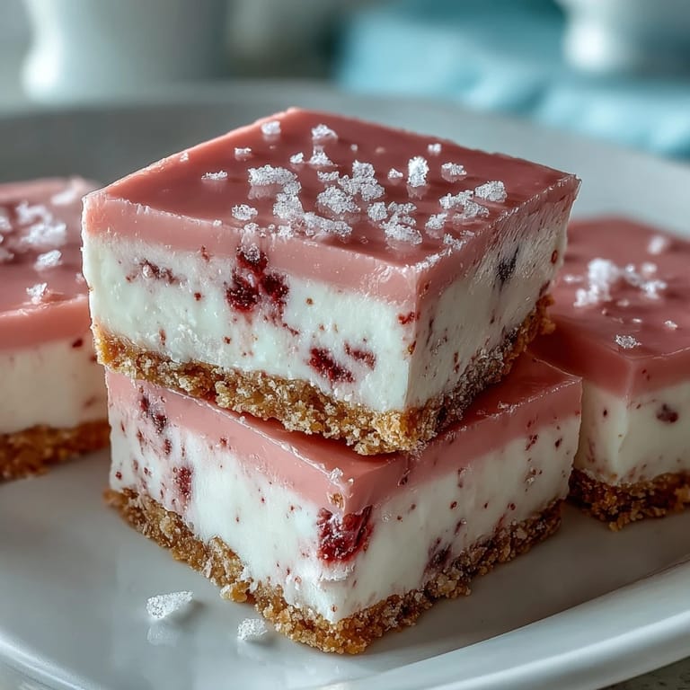 Vibrant No-Bake Strawberry Fudge Squares garnished with freeze-dried strawberry pieces and coarse sugar crystals, perfect for serving at a party.