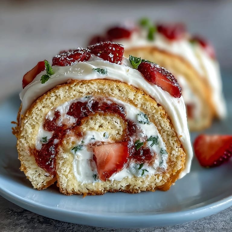 Close-up on rolled Strawberry Shortcake Sushi Roll, showing thin crepes wrapped around airy sponge cake and juicy strawberries.
