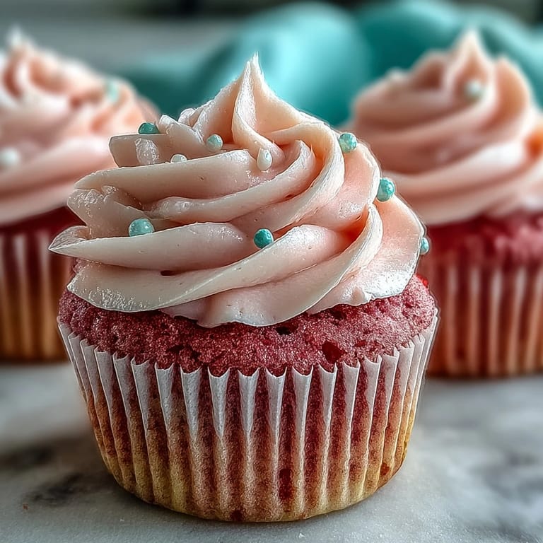 A dozen Pink Velvet Cupcakes with Vanilla Buttercream Frosting arranged on a marble platter, perfect for a party.