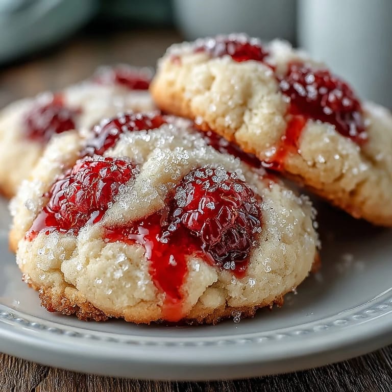 Served on a white plate, these Soft Chewy Raspberry Sugar Cookies feature crackled edges and a sweet raspberry-sugar coating, perfect for a dessert platter.