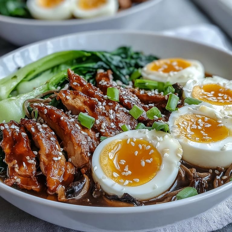Healthy Miso Chicken Noodle Bowls topped with sesame seeds and scallions, steam rising over chewy noodles in a ceramic bowl.