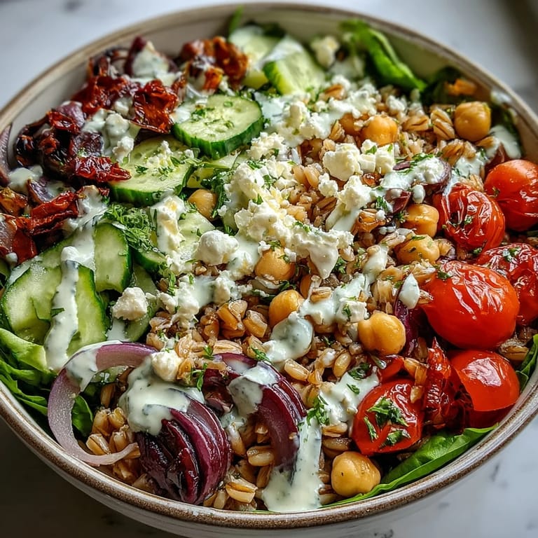 Colorful Mediterranean Farro Bowl topped with diced cucumbers, cherry tomatoes, and a drizzle of tahini dressing.