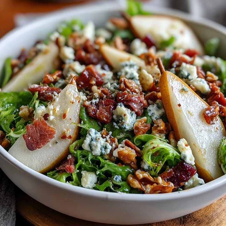A colorful Frisée Pear Blue Cheese Bowl topped with crumbled blue cheese and tossed in a zesty vinaigrette.
