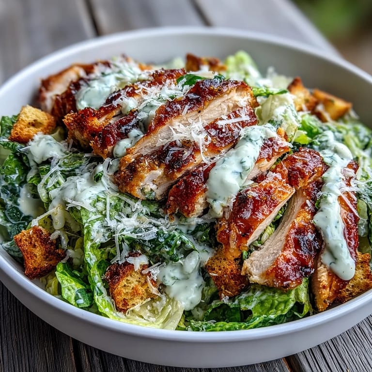 Close-up of Caesar Chicken Bowl with juicy grilled chicken slices, crisp lettuce, and parmesan cheese garnish.