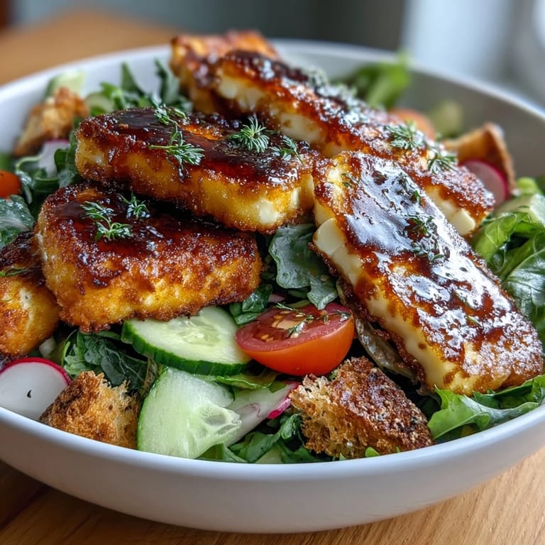 Crispy sourdough croutons and fresh vegetables drenched in tangy sumac dressing for Halloumi Blood Orange Fattoush.