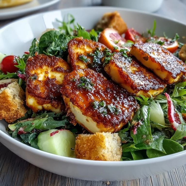 Juicy blood oranges and warm halloumi slices arranged on a platter of Halloumi Blood Orange Fattoush.