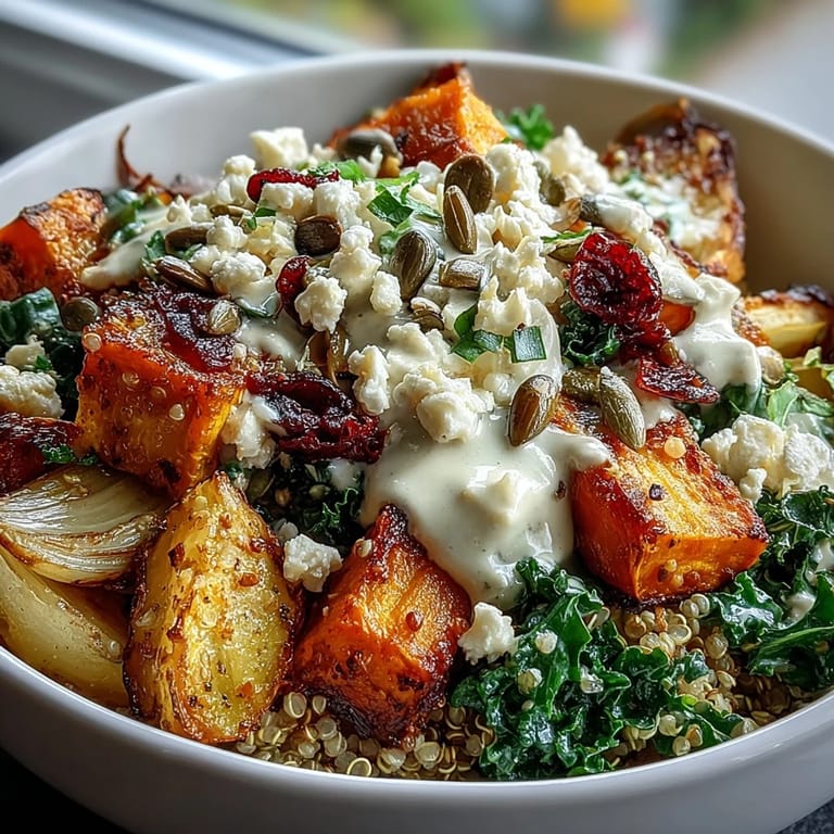 Healthy vegetarian Hearty Winter Grain Bowl with farro, sautéed greens, and lemony tahini dressing ready to serve.