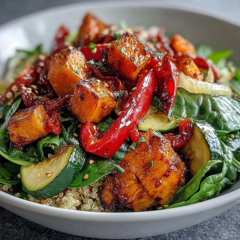Forkful of a nutritious warm salad bowl featuring quinoa, wilted greens, roasted root vegetables, and crumbled feta cheese topped with pumpkin seeds.