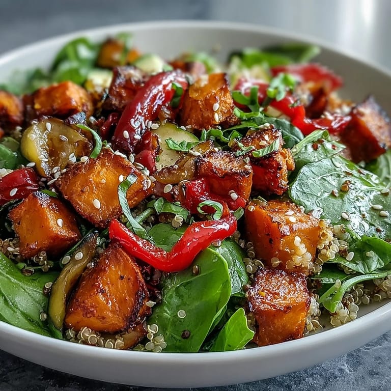 Healthy vegetarian warm salad bowl served as a comforting main dish, loaded with colorful roasted vegetables and grains in a tangy warm dressing.
