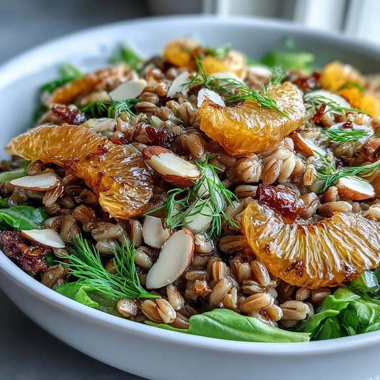 Hearty Farro Salad Bowl with Fennel, Oranges & Almonds tossed with greens and a zesty vinaigrette.