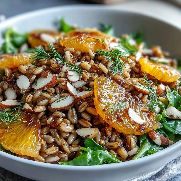 Serving suggestion for Farro Salad Bowl with Fennel, Oranges & Almonds, garnished with fresh orange segments.