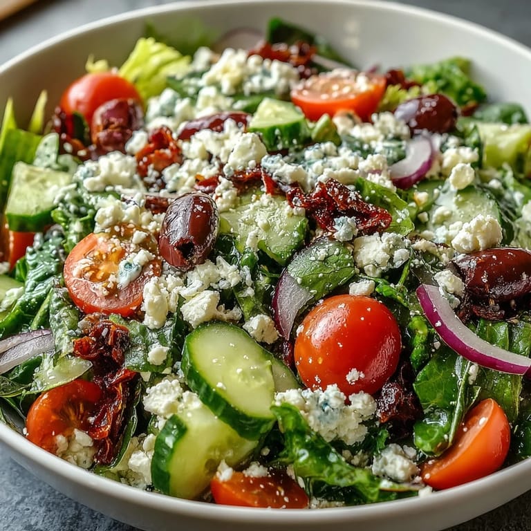 Close-up of a Mediterranean Green Salad Bowl featuring crisp vegetables, briny olives, and creamy feta on a rustic table setting.