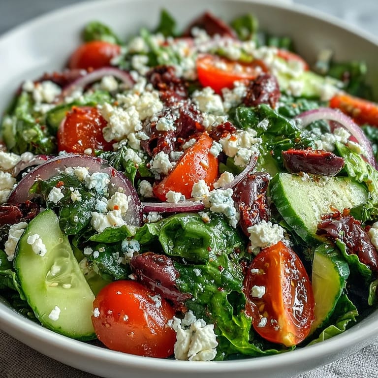A Mediterranean Green Salad Bowl tossed with tangy Greek dressing, ready for a quick vegetarian lunch or a healthy dinner side.